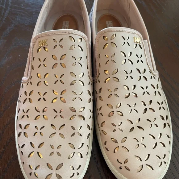 Michael Kors Women's Blush Pink and Gold Perforated Slip Ons - Picture 2 of 5